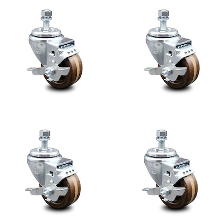 Service Caster 3 Inch High Temp Phenolic Swivel 1/2 Inch Threaded Stem Caster Set with Brake SCC SCC-TS20S314-PHSHT-TLB-121315-4